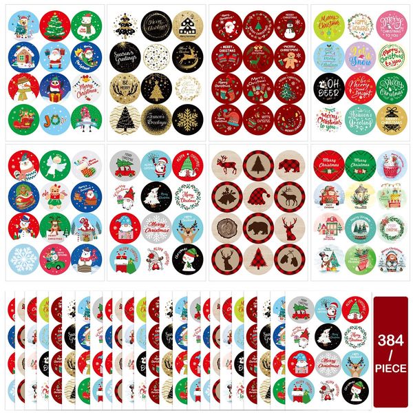 Hianjoo Christmas Gift Stickers Wrapping Labels Stickers 384 Sheets Sealing Stickers Diameter Approximately 3.8 cm Round Christmas Stickers (Santa Claus, Snowman, Elk, Etc.)