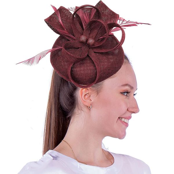 Coolwife Fascinators Sinamay Hat Womens Feather Pillbox Derby Tea Party Hat (Burgundy)(Size: One Size)