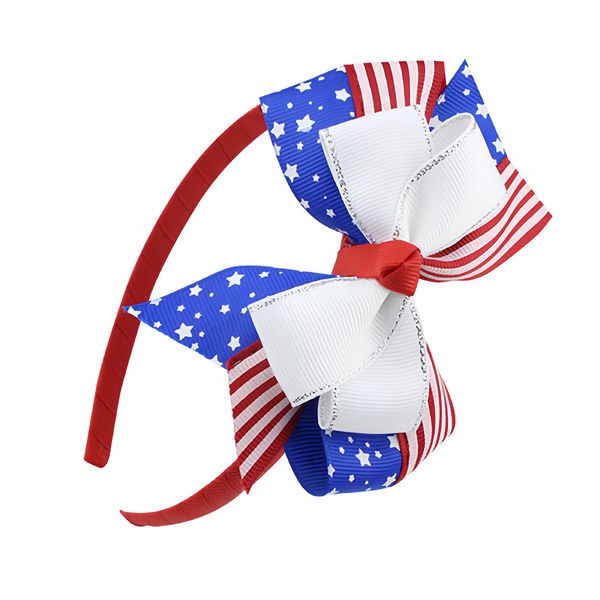 HIFANMM 4th of July Headband Independence Day Hair Accessories Patriotic Party Bow Hair Supplies USA Flag Big Bow Knot Design Silver Edge White Hair Decor Non Slip Head Band for Women Girls Kids 1 Pcs