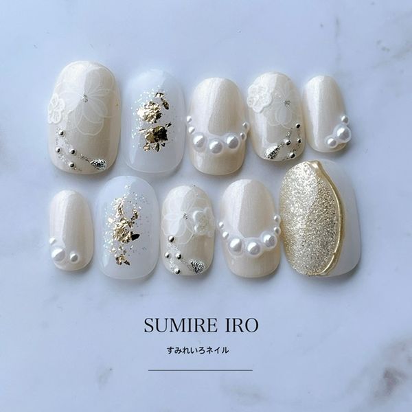 Nail tips False nails Bridal nails Short Long design Summer nails Nail Coming of age ceremony Short nails Small nails Large nails Berry short Chibi nails Spring nails False nails Custom nails Flower [2037] White pearl line flower gold mirror