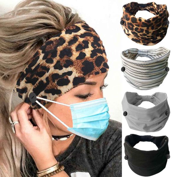 Olbye Leopard Button Headband Wide Elastic Nurse Head Bands Workout Yoga Sports Hair Band Non Slip Turban Headwrap Mask Ear Saver Sweatband Boho Hair Accessories for Women and Girls 4Pcs (#1 Leopard)