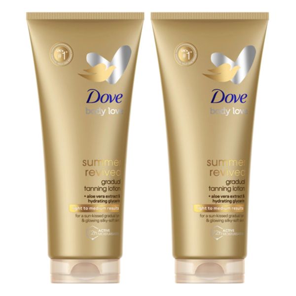 Dove Summer Revived Light to Medium Gradual Tanning Lotion for a gradual tan and natural, radiant glow non‑greasy self-tan for all skin types 200 ml x2