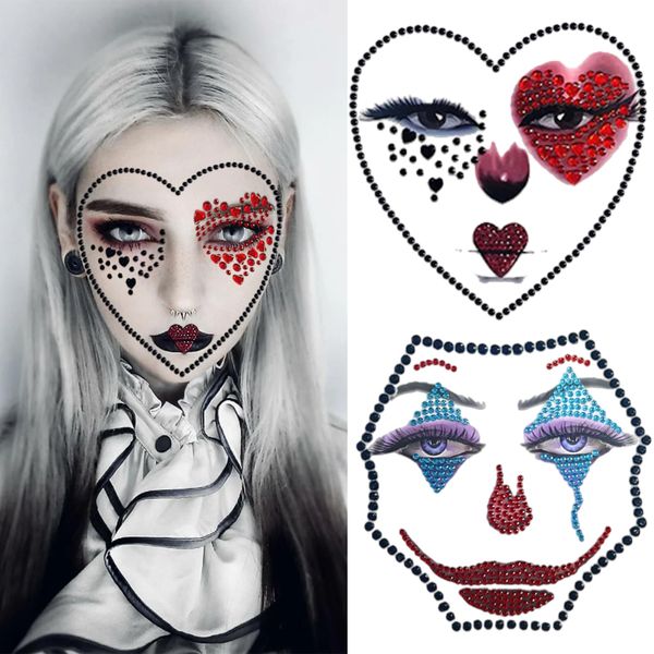 2 Pcs Clown Face Jewel Makeup Sticker 3D Gemstone Face Stickers Rhinestone Face Jewels Scary Confused Clown Face Gems Glitter Sticker Temporary Tattoo for Halloween Carnival Party Decoration