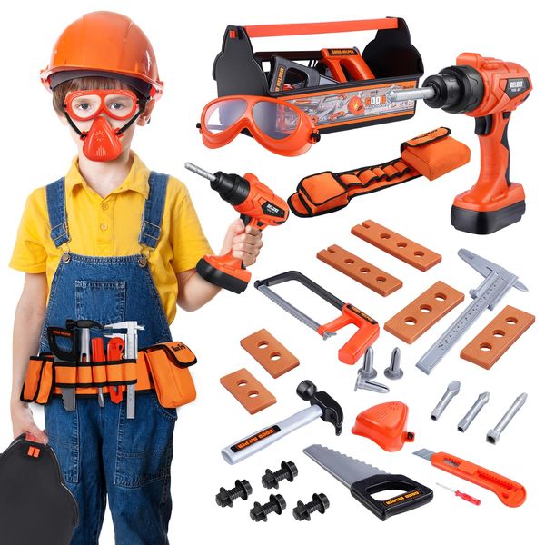 iBaseToy Kids Tool Set - 32 PCS Toddler Tool Set with Tool Box & Electronic Toy Drill, Pretend Play Kids Construction Toy Set, Toy Tools for Kids Ages 3 , 4, 5, 6, 7 Years Old, Boy Toys