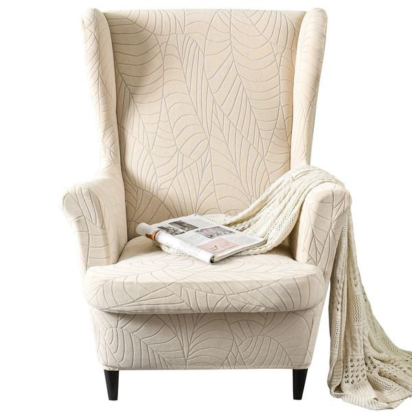 GKXLH Wingback Chair Covers 2 Piece Set - 2 IN 1 Design Armchair Covers Solid Soft Wing Back Chair Cover Stretch Wing Chair Slipcover Furniture Protector for Living Room Bedroom Hotel (Beige)