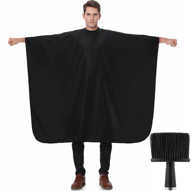 TILYIALA Barber Cape with Neck Duster Brush - Professional Hair Cutting Cape with Silicone Collar,Large Hair Stylist Cape for Men Women Kids, Hair Dye Hair Dresser Apron Shampoo Salon Capes (Black)