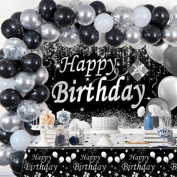 Black and White Party Decorations, Happy Birthday Decorations for Men Women with Photography Backdrop & Tablecloth Balloons Arch Kit Banner Birthday Party Supplies Bday Decor with Table Cover