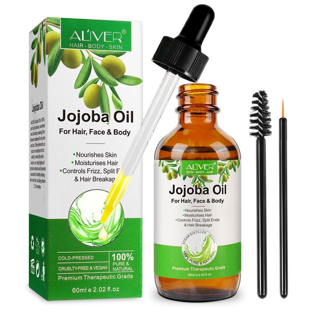 Jojobaöl - 100% reines kaltgepresstes unraffiniertes, hexanfreies Öl für Gesicht, Haare, Bart, Körper, Hautpflege, Ohren, Nägel, Dehnungsstreifen, Nagelhaut, natürliches Trägeröl (1er Pack 1x60ml)