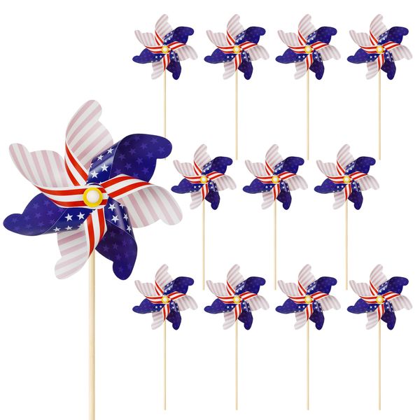 12Pcs American Flag Patriotic Pinwheels Fourth of July Decor Outdoor, Garden Wind Spinners Patriotic Decor Independence Day Garden Decor Pinwheels for Yard, Garden, Patio (Flag)