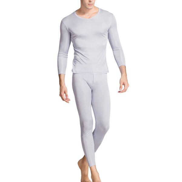 Grenasasilk Men's Silk Long Johns Mulberry Silk Long Underwear V-Neck Breathable Thermal Underwear Sets & Undergarments (M, Silver Grey)