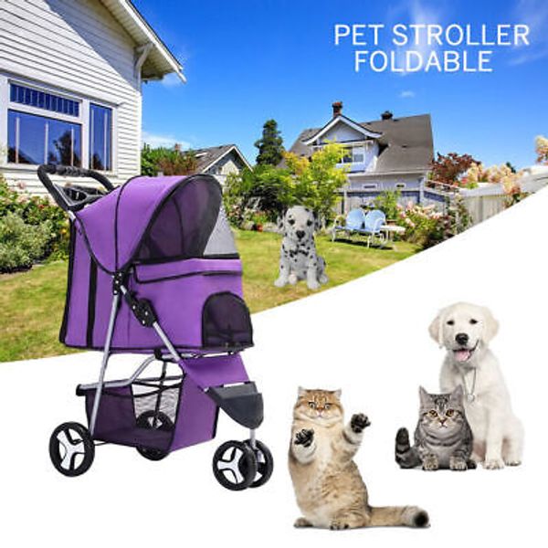 Foldable Pet Strollers 3 Wheels Carrier Cart w/Cup Holder for Cats & Dogs Purple