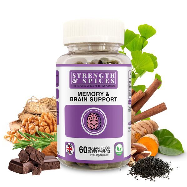 Strength & Spices Memory Booster and Focus Supplement with Ginkgo Biloba and 22 Super Ingredients, Plant-Based Brain Supplement for Improved Mood, Clarity, and Alertness, 1000mg, 60 Capsules