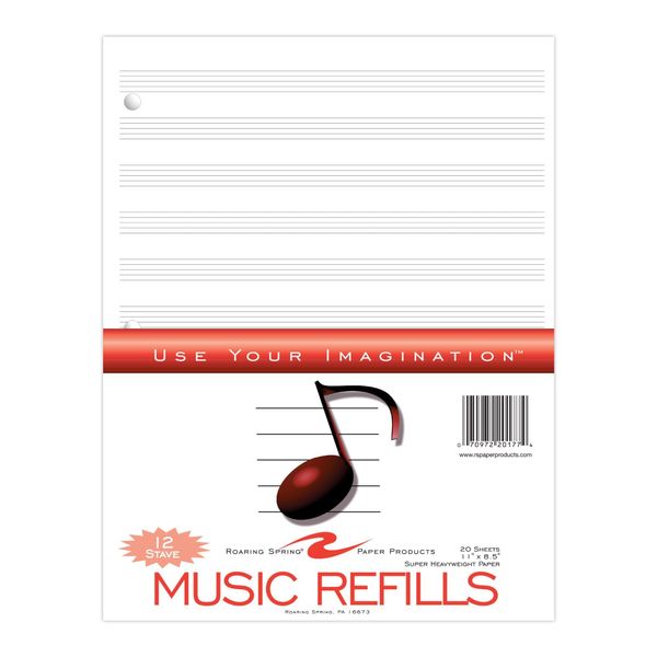 Roaring Spring Loose Leaf Music Filler Paper, 20 Sheets 8.5"x11" with 12 Staves of Music Lines, Heavyweight 24# Smooth White Paper, 3 Hole Punched