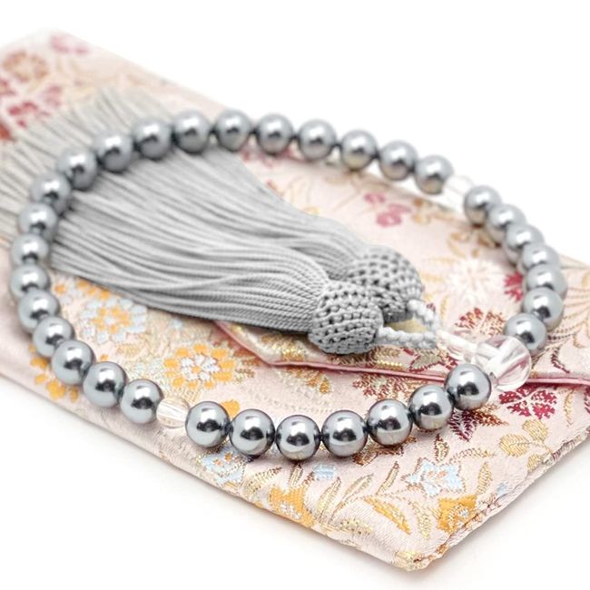 Eizen Nenjuya Prayer Beads for Women (Black Shell Pearl) with Head [Nishijin Textile Rosary Bag Included] Can be Used in All Sect Buddhist Prayer Beads Handmade