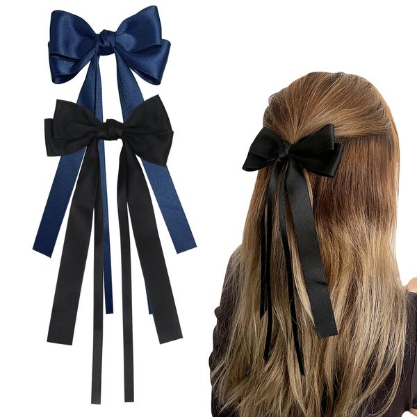 2Pcs Bow Hair Clips, Hair Bows with Long Ribbons Satin Ribbon Hair Bows for Women Girls(Black, Dark Blue)