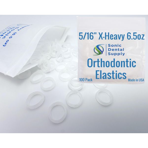 5/16 Inch Orthodontic Elastic Rubber Bands - 100 Pack - Clear Latex Free, X-Heavy 6.5 Ounce Small Rubberbands, Braces, Dreadlocks Hair Braids, Teeth Gap, Packaging, Crafts - Sonic Dental - Made in USA