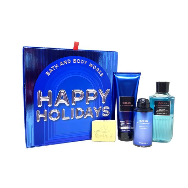 Bath & Body Works Men's Collection Ocean Gift Box Set - Body Cream, Body Spray and 3-in-1 Hair, Face & Body Wash with a Natural Otas Sample Soap