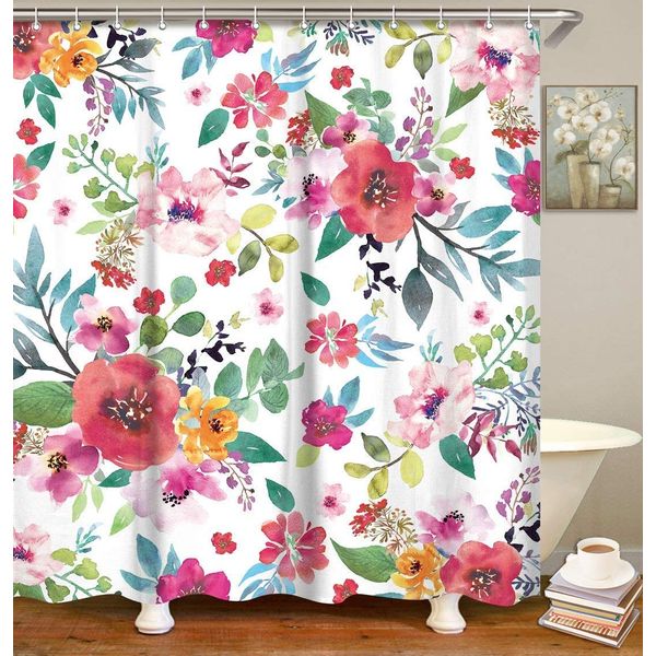 LIVILAN Floral Shower Curtain for Bathroom Flower Shower Curtain Watercolor Shower Curtain Flowered Shower Curtain with Hooks Pink Floral Bathroom Decor Pink Shower Curtain, 72" W x 78" H