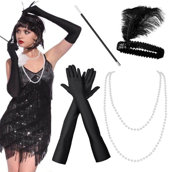 Miss Good 5 Pcs 1920s Accessories Set 20's Theme Flapper Great Gatsby Accessories Set Headband Headpiece Pearl Necklace Cigarette Holder Black Long Gloves Fashion Fancy Dress for Women