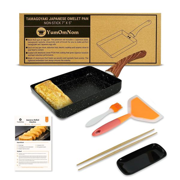 YumOmNom Tamagoyaki Pan, Japanese Cookware, Egg Pan, Rectangle Frying Pan, Kitchen Accessories, Square Pan, Omelette Maker Nonstick, Omelet Pan, Cooking Tools, 7" x 5" Black (5)