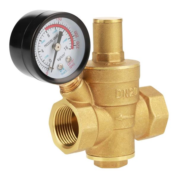 Brass Gear Pressure Regulator, Adjustable Water Pressure Regulator with Gauge Meter, Adjustment Pressure Knob for Most Tap Water Equipment