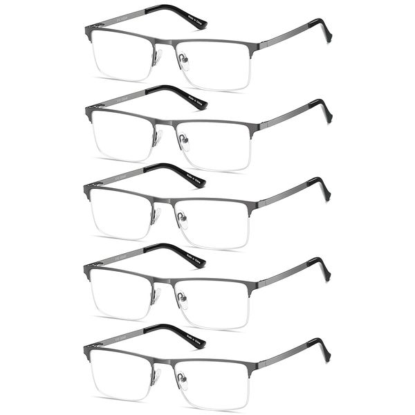 EYECEDAR 5-Pack Reading Glasses for Men Metal Gunmetal Half Frame Spring Hinges Eyeglasses Readers 1.50