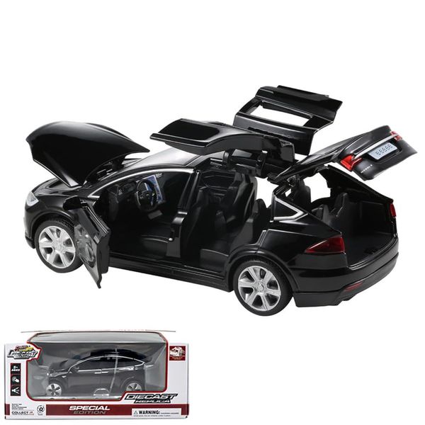 1:32 Model X Alloy Diecast Pull Back Toy Car with Open Doors, Lights and Music, Mini Vehicles Toys for Kids & Collectors (Black)