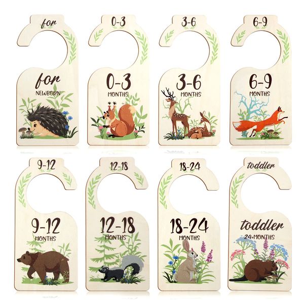 LUTER 8pcs Baby Closet Dividers, Cute Wooden Month Closet Dividers with Animal Patterns Baby Clothes Organizer from Newborn to 24 Months Nursery Hanger Decor for Infant Clothing Storage