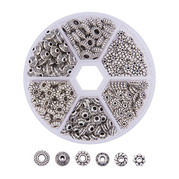 PH PandaHall 300pcs Antique Silver Spacer Beads, 6 Style Tibetan Metal Alloy Tube Spacers Flower Flat Rondelle Small Loose Beads for Bracelet Necklace Earring Jewellery Making Supplies, Hole: 1-3.5mm