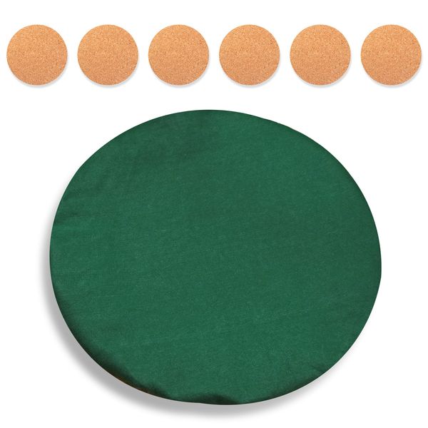 Katai Poker Table Cover 36 to 48 inches - Round Green Felt Casino Style - Game Night Noise Reducing and Slip Prevention - Complete with 6 Cork Drinks Coasters