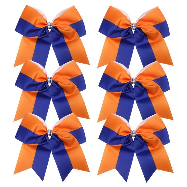 Cheerleader Bows 8 Inch Comb Color Ponytail Holder with Bling Fling Rhinestones Hair Tie Cheerleading Bows 6 Pcs (Royal Blue/Orange)