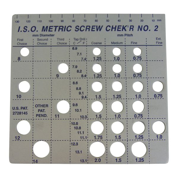 Screw Chek'r Metric Screw Thread Size Gauge No. 2 (8MM to 14MM) 1/8 Inch Heavy Gauge Steel Screw Checker, Made In USA, chrome, 02130