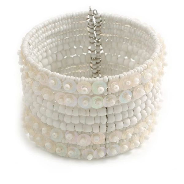 Avalaya Bohemian Wide Beaded Cuff Bangle with Sequin (Snow White/Transparent) - Adjustable