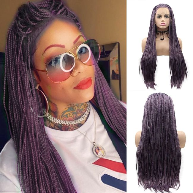 Micro Braided Box Braids Wig with Baby Hair Purple Long Braiding Hair Realistic Hand Braid Lace Front Wigs for Black Women Pre Plucked Braids Synthetic African Replacement Hair Real Lace Wig 26Inch
