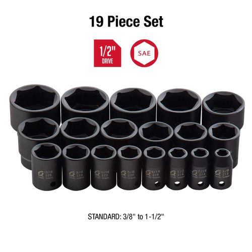 SUNEX TOOLS 2640, 1/2 Inch Drive Impact Socket Set, 19-Piece, SAE, 3/8 Inch – 1-1/2 Inch, Cr-Mo Alloy Steel, Radius Corner Design, Dual Size Markings, Heavy Duty Storage Case, Meets ANSI Standards