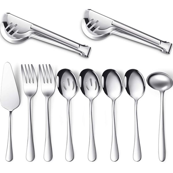 10-Piece Dishwasher Safe Silver Serving Utensil Set - Includes Spoons, Forks, Tongs, Ladle, and Pie Server