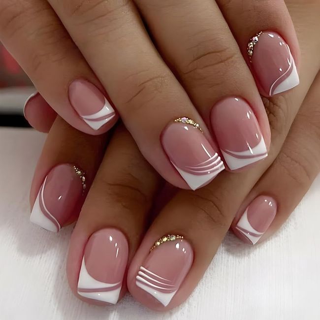 False Nails Short, French Stick on Nails, 24pcs Square Pink Press On Nails with Glue Elegant Design Sweet Fake Nails for Women Girls (Sweet French)