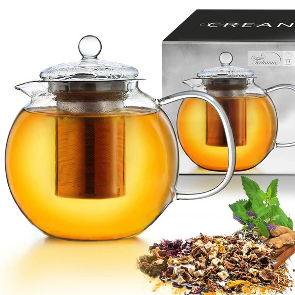 Creano Glass Teapot 1700ml - Stovetop Safe Tea Kettle with Stainless Steel Infuser and Glass Lid - Ideal for Preparing Loose Teas - Drip Free