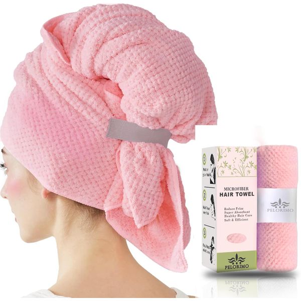 Pelorimo Super Soft Microfiber Hair Towel Wrap for Women - 42’’ x 24’’ Large and Quick Drying, Anti Frizz Hair Turban with Elastic Band - for Curly, Medium, Long, and Short Hair - Pink