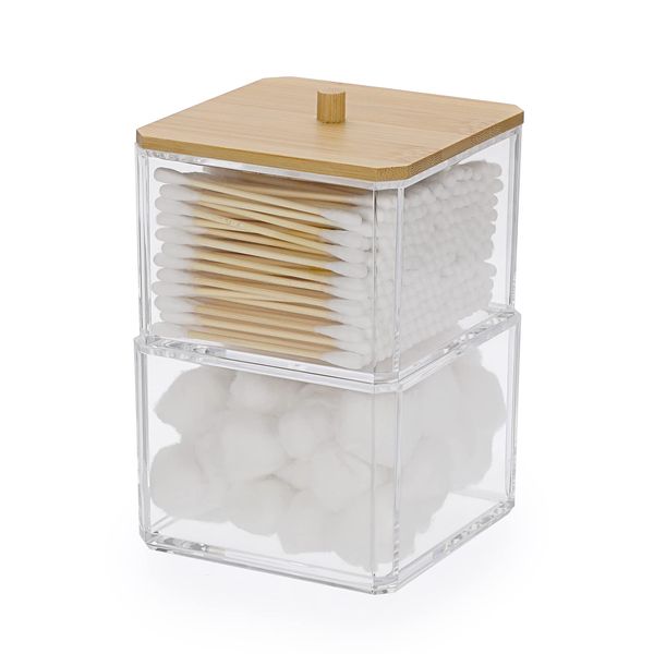 SUMTree Stackable Qtip Cotton Ball Holder 2 Layers Acrylic Qtip Dispenser with Bamboo Lid, Floss Swab Dispenser, Bathroom Storage Jar Canister, Plastic Apothecary Jar for Kitchen Bathroom