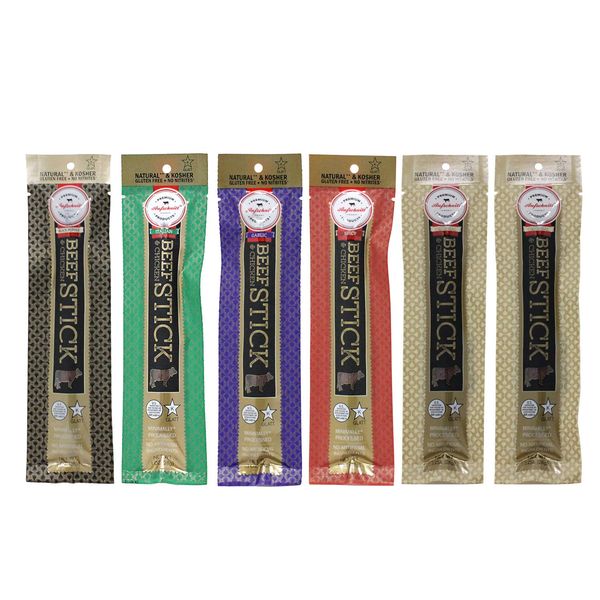 Aufschnitt Grass Fed Beef Jerky Sticks - Low Sodium, Certified Kosher - Halal and Keto Friendly - 6 Pack, Variety