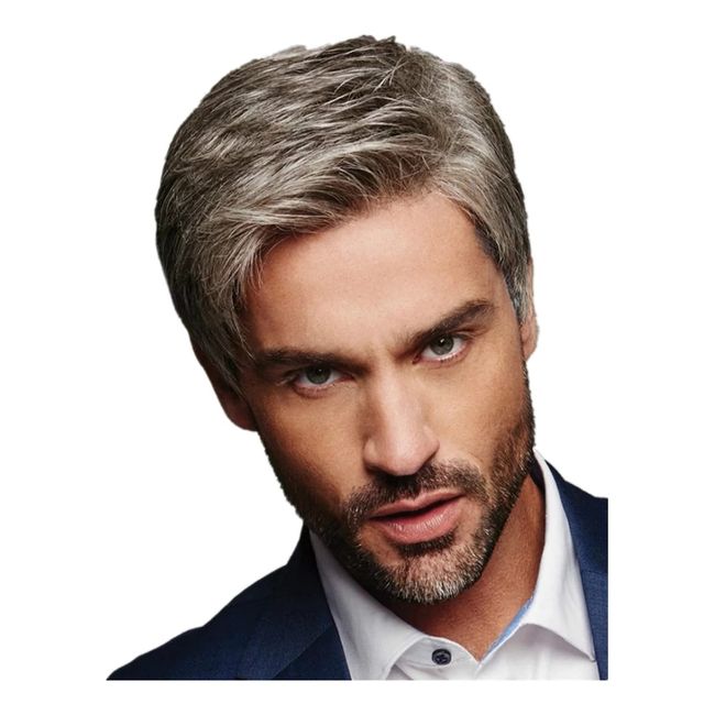 DKE&YMQ Gray-Brown Wig, Fluffy and Realistic Black-Brown Mens Wig, Natural Hair Quality, Suitable for Middle-Aged and Elderly People in Any Scene