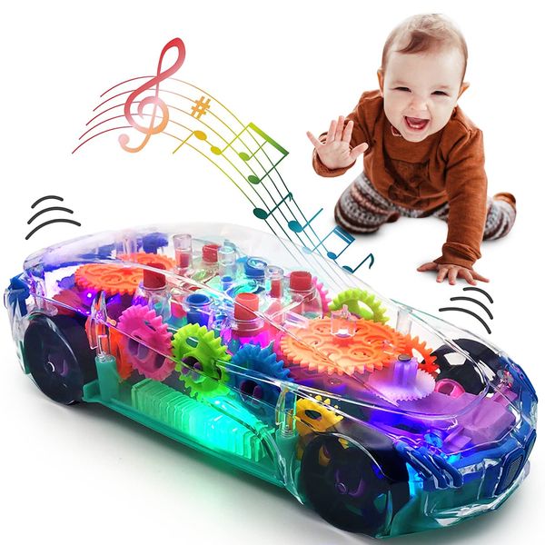 TOOTY TOY Light Up Transparent Car Toy - Fun and Interactive Electric Car Toy for Kids- Music Car with LED - Colorful Moving Gears -Tummy Time Crawling Baby Light Up Toys for Boys & Girls