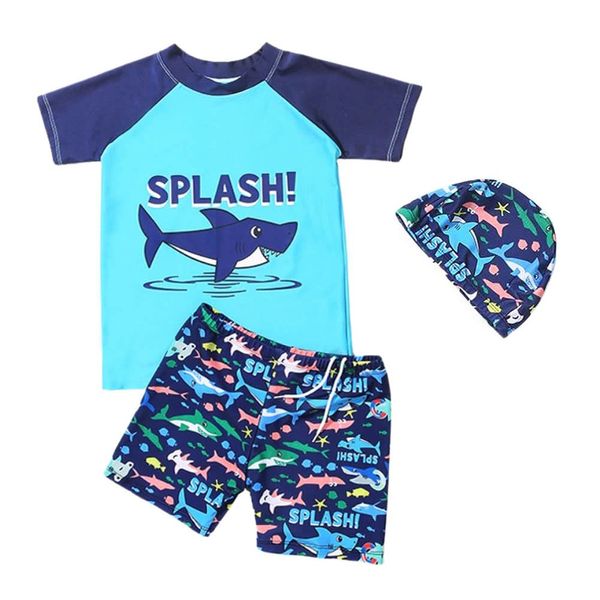 FedMois Boy Swim Set, 3 Pieces Set Swim Shirt + Swimming Shorts + Swimming Cap, Shark, 7-9 Years