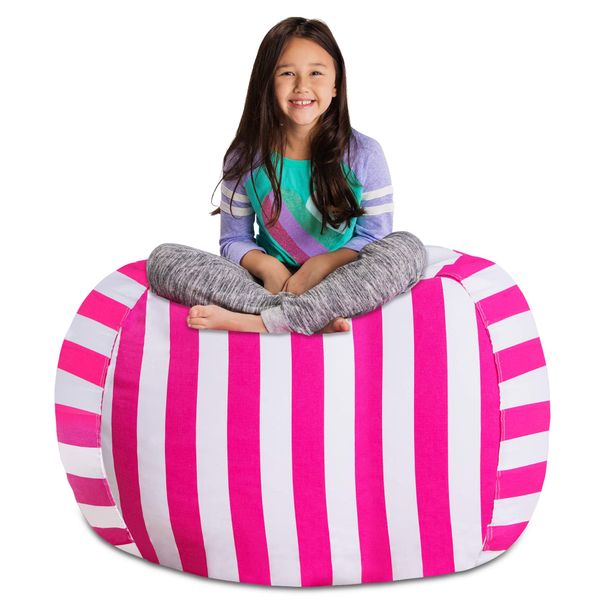 Posh Stuffable Kids Stuffed Animal Storage Bean Bag Chair Cover - Childrens Toy Organizer, X-Large 48" - Canvas Stripes Pink and White