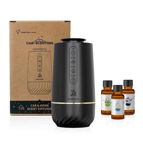 2ndAroma Waterless Oil Diffuser, Portable Car Diffusers for Essential Oils, Wireless Diffusers with 3 Mist Levels & Timer, ABS Material, Starry Night Light for Car Home Office, Includes 3 Scent Oils