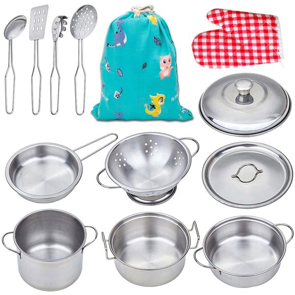 Yellora Play Pots and Pans Sets for Kids, Stainless Steel Cookware Toys Gift Set for Christmas, Pretend Play Kitchen Accessories, Role Play Educational Toys for Kids Toddlers Boys Girls