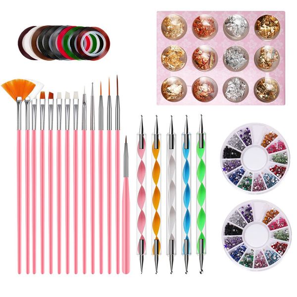 Nail Pen Designer, Stamp Nail Art Tool with 15pcs Nail Painting Brushes, Nail Dotting Tool, Nail Foil, Manicure Tape, Color Rhinestones for Nails