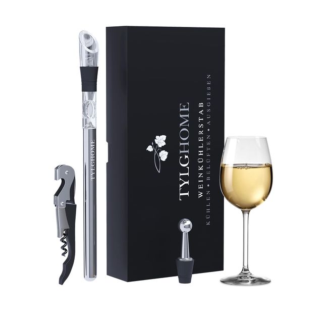 TYLGHOME Weinkühler Set, Weinkühlstab Edelstahl + Dekantier-Belüfter + Ausgießer, Wein Geschenk Set Frauen Männer + hochwertige Geschenkverpackung (1xStab + Kellnermesser)