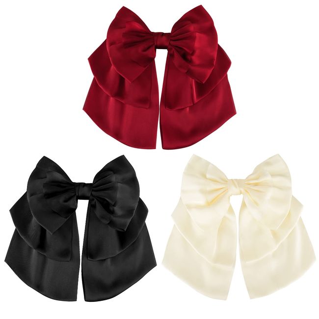 Bow Hair Clips 3Pcs Hair Bows Barrettes Solid Color French Barrette with Four Layer Satin Bow, Fluffy Elegant Hair Accessories for Women Girls Gift Set (White, Black, Red)